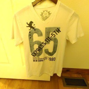 Old School Express Men's V-Neck T-Shirt. White w/ Blue Text. XS